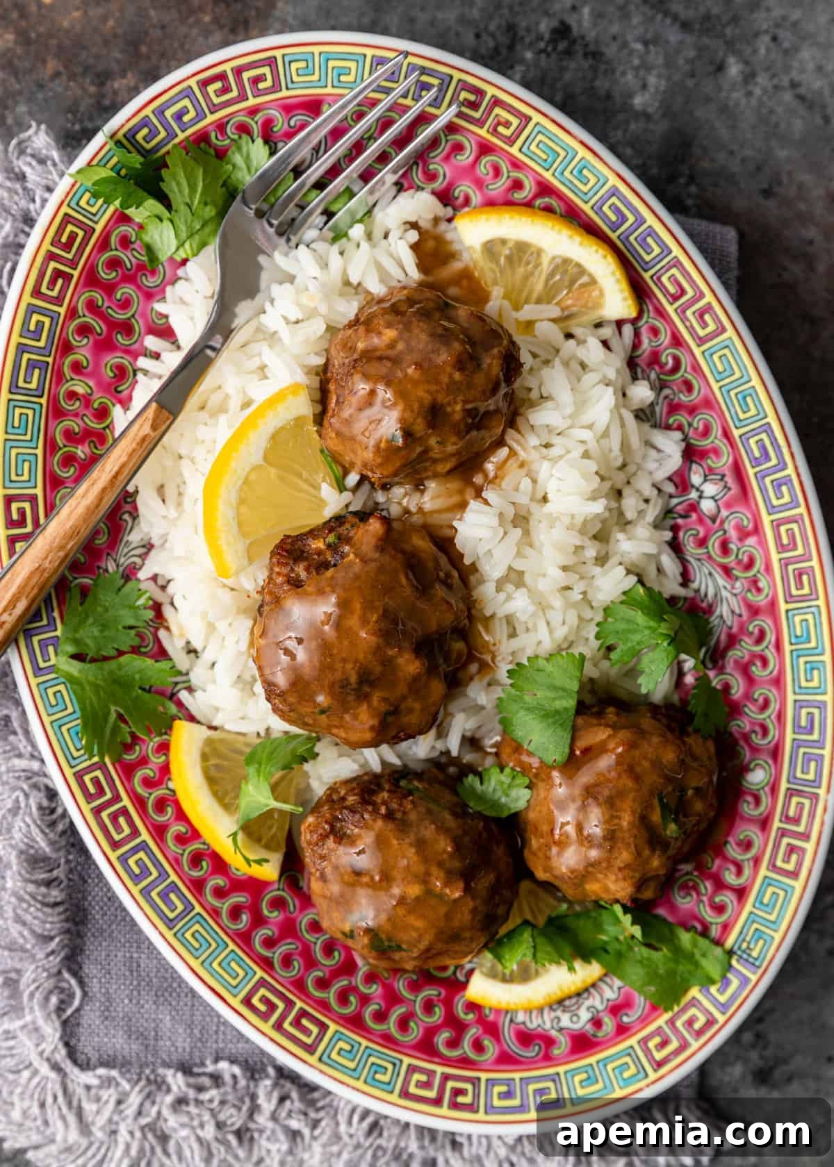 overhead: Chinese chicken meatballs with white rice