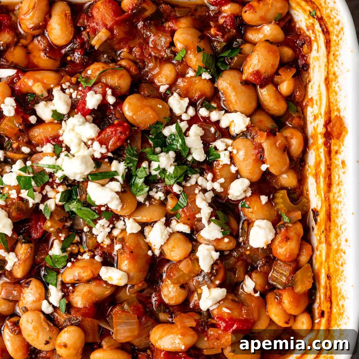 overhead: gigantes beans in a large casserole dish