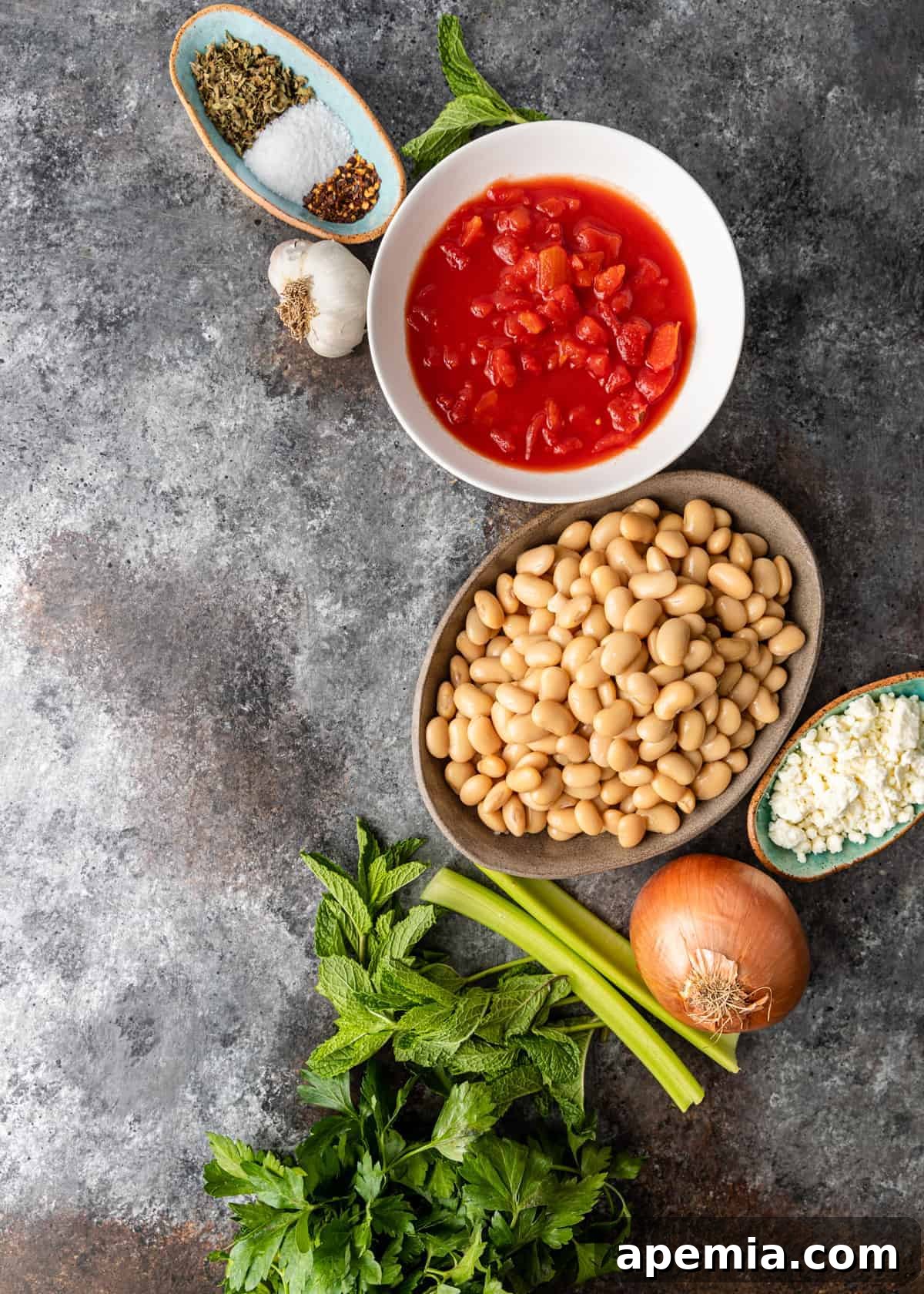 overhead: ingredients for Greek baked beans