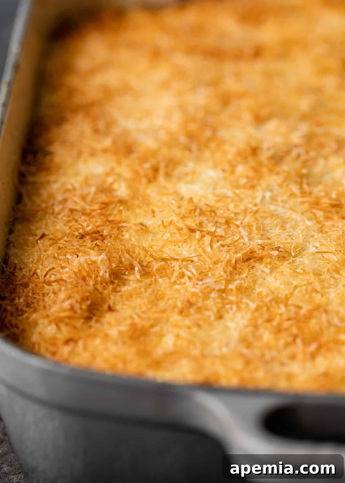 closeup: golden brown kefalotyri cheese on top of my pastitsio recipe after baking
