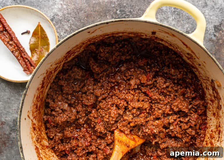 overhead: large pot of meat sauce for Greek lasagna
