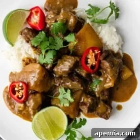 A bowl of rich Japanese Beef Curry with tender beef, potatoes, and carrots, garnished with fresh cilantro and lime, ready to be served over rice.