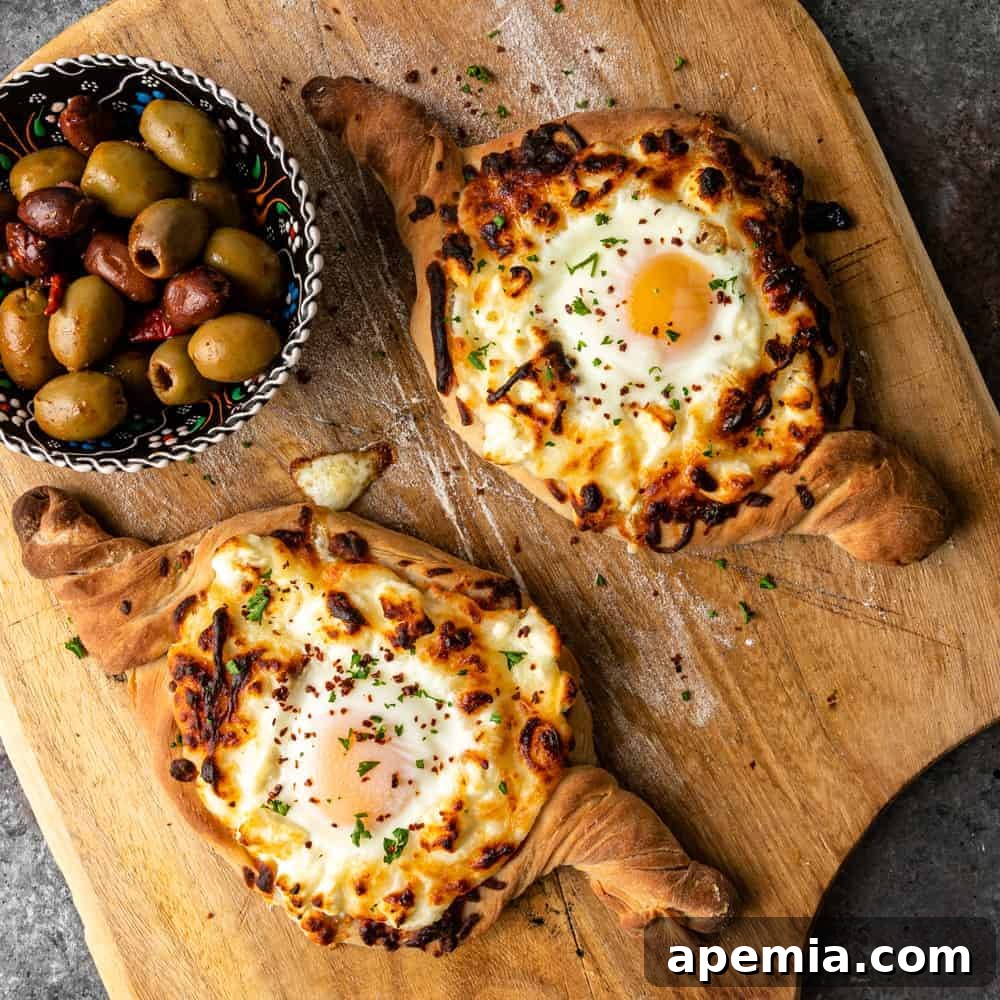 Georgia's Irresistible Khachapuri 2 Two boat-shaped loaves of Georgian Khachapuri cheese bread and a bowl of olives on a rustic wood serving board, ready to be enjoyed.