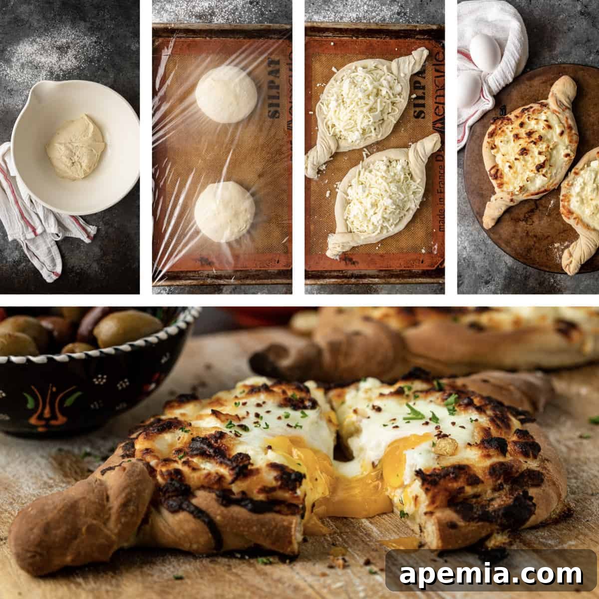 Georgia's Irresistible Khachapuri 4 A photo collage showing step-by-step visuals for making a Khachapuri recipe, culminating in the finished Georgian bread boat.