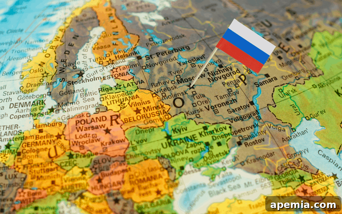 Map highlighting Russia and surrounding regions, indicating the geographical origin and popularity of shashlik.