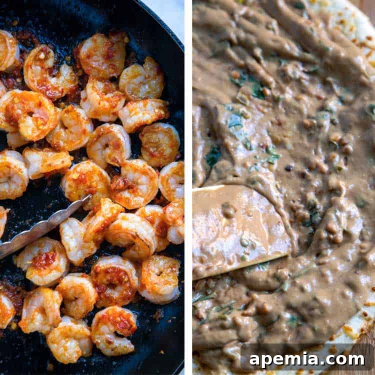 Vibrant Thai Shrimp Pizza 5 A photo collage illustrating the preparation process: on the left, shrimp being sautéed to perfection; on the right, creamy peanut butter sauce being spread onto a pizza crust.