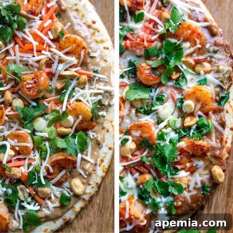 Vibrant Thai Shrimp Pizza 6 A captivating photo collage showcasing the Thai pizza both before and after baking, highlighting the transformation from raw ingredients to a golden, bubbly masterpiece.