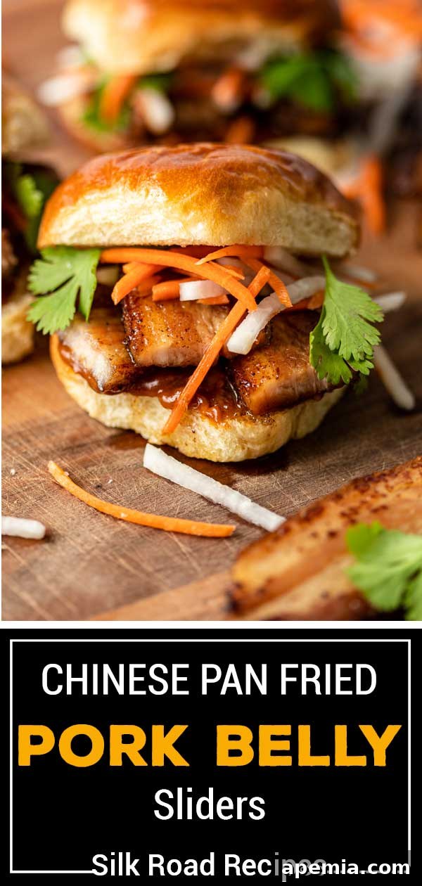 Chinese Pan Fried Pork Belly Sliders - A Silk Road Recipes specialty, showing the finished dish.