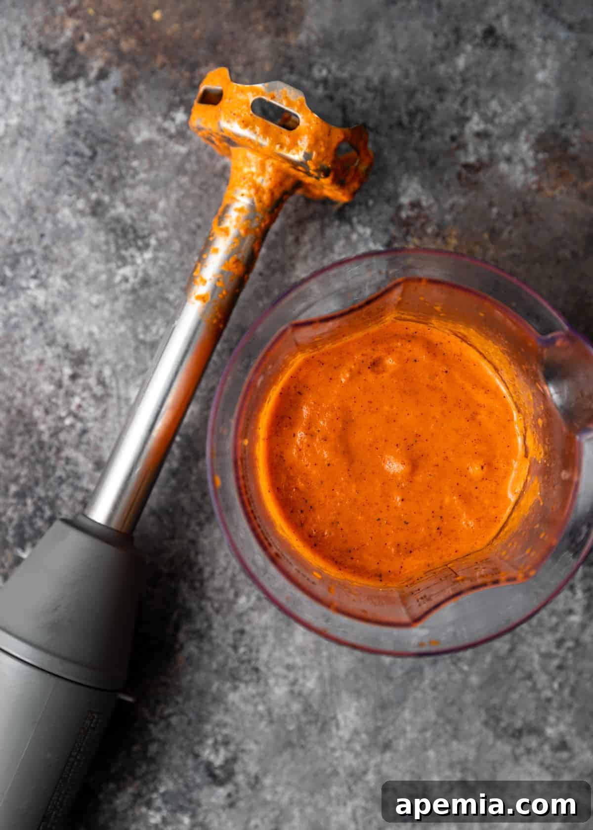 overhead closeup: immersion blender laying next to container full of my tomato pachadi recipe