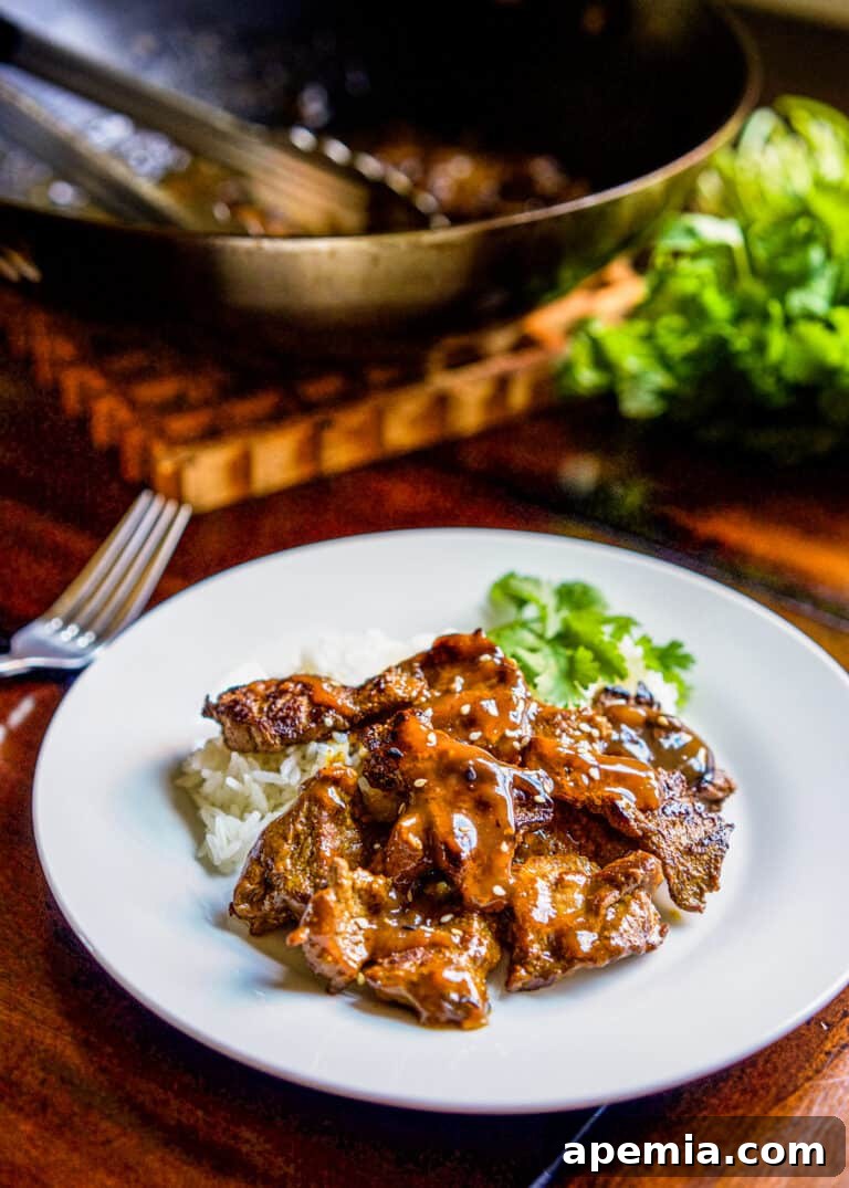 A beautifully plated serving of Chinese Beef Curry Stir Fry, garnished with fresh herbs and served alongside a mound of fluffy white rice.