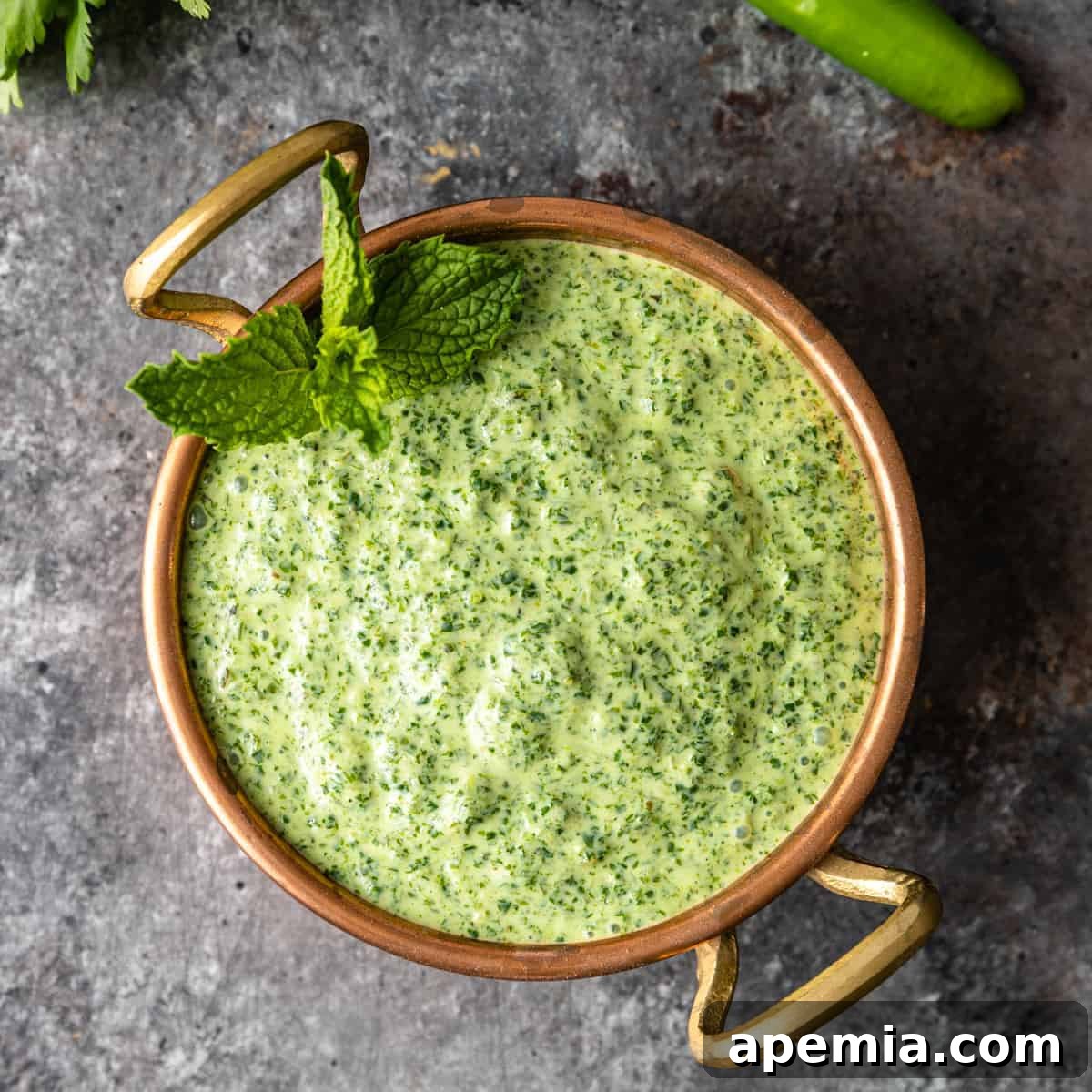 overhead: bowl full of mint chutney with fresh mint on top