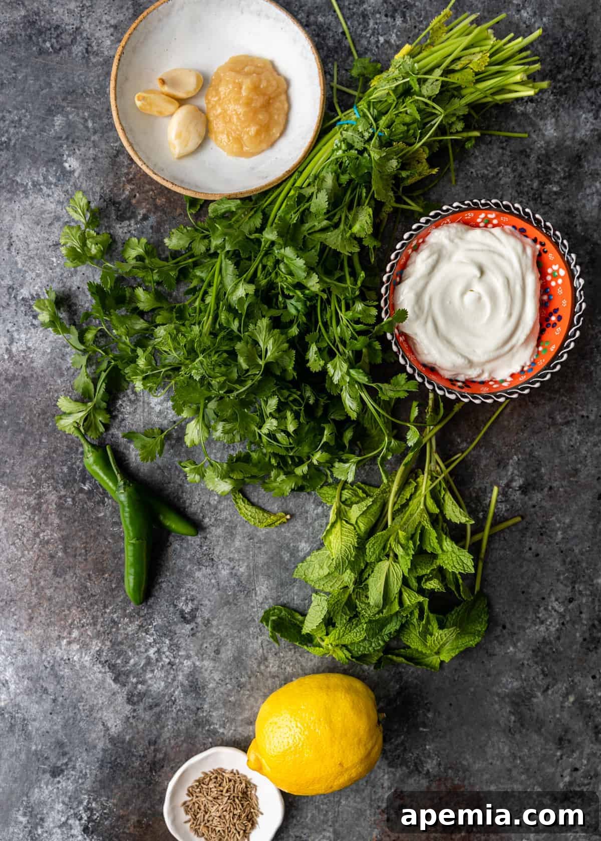 overhead: fresh ingredients to make pudina chutney