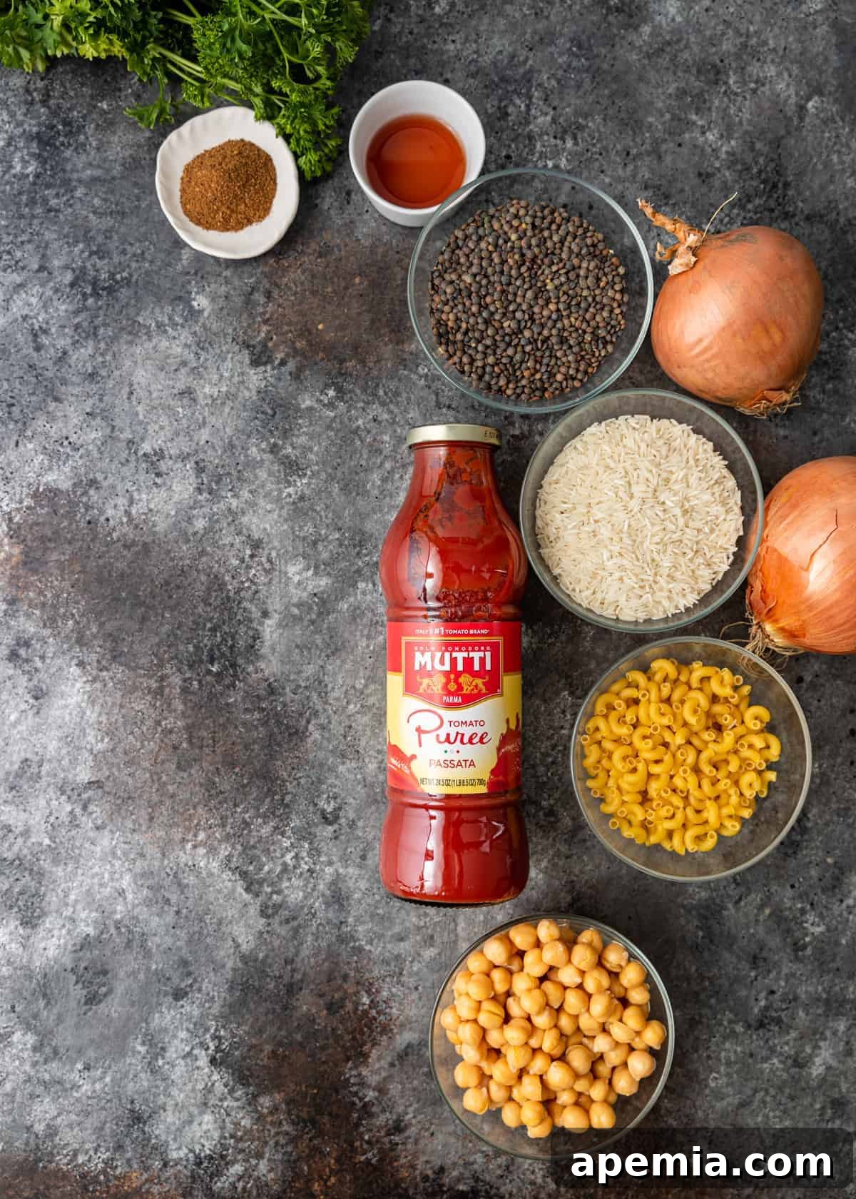 overhead: ingredients needed to make my koshari recipe