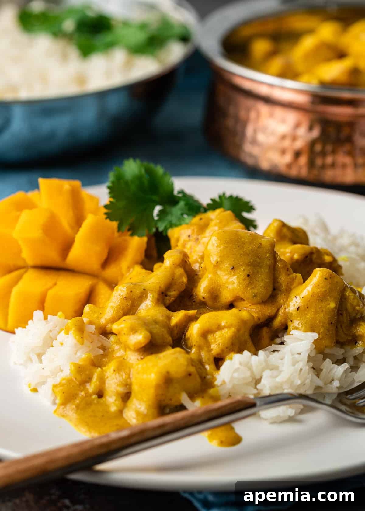 A plated serving of mango chicken curry, garnished with fresh cilantro and nuts, ready to be enjoyed