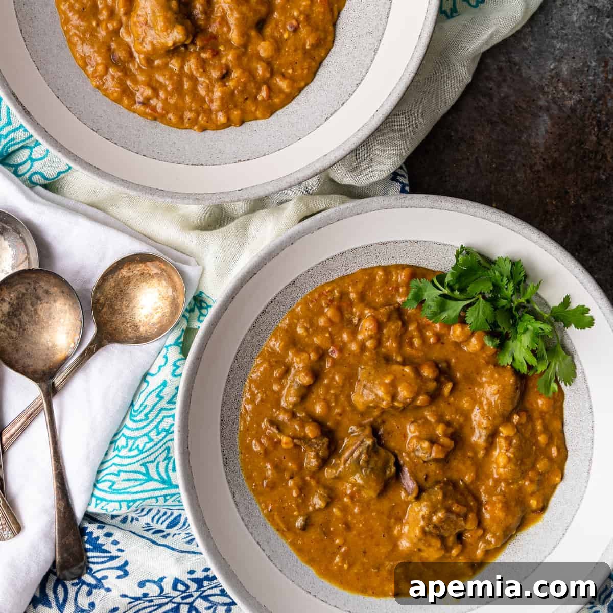 overhead: two white bowls of dal gosht instant pot lamb stew