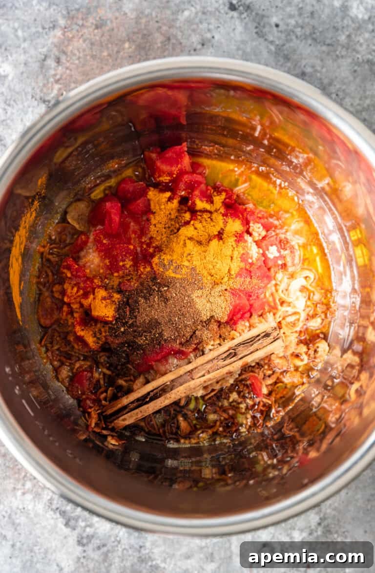 overhead: indian spices in pressure cooker for instant pot lamb stew