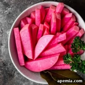 Overhead: slices of pickled turnips in white bowl
