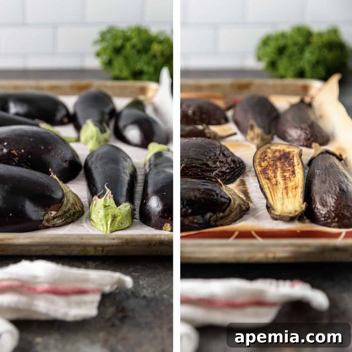 Smoky Mutabal Eggplant Dip 3 Two images side by side: raw eggplant before roasting and perfectly charred eggplant after roasting, highlighting the transformation.