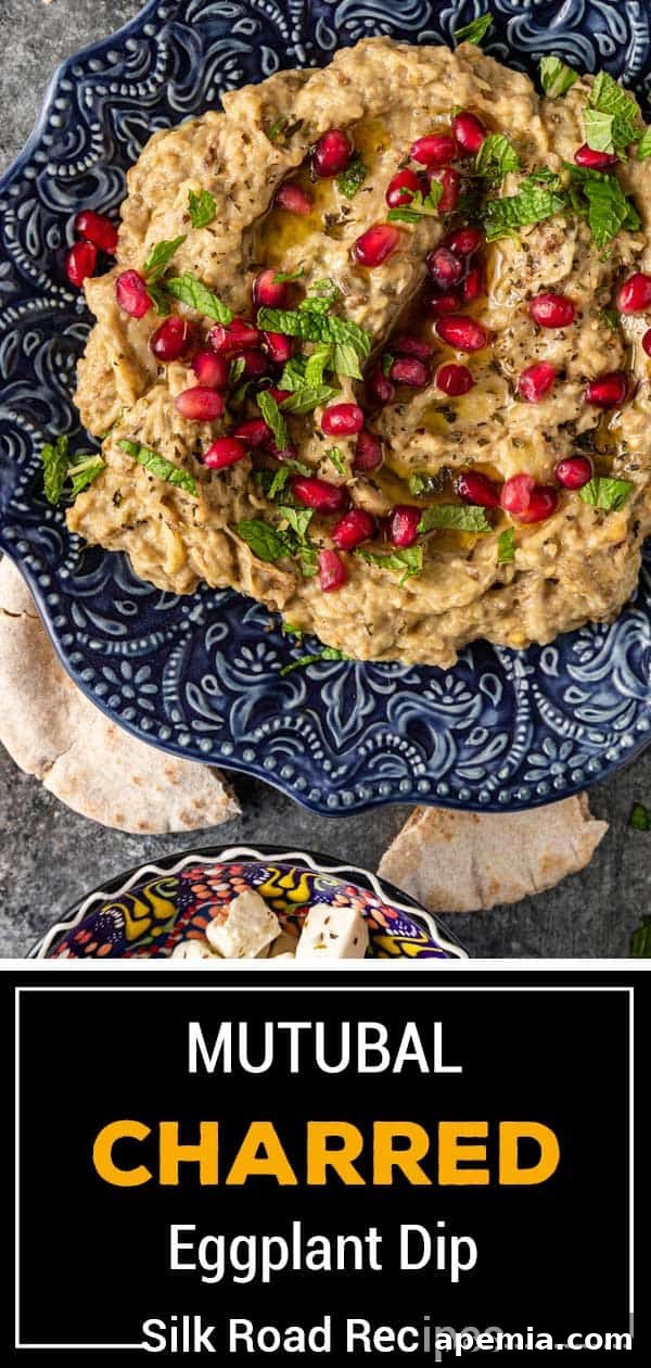 Smoky Mutabal Eggplant Dip 7 Creamy eggplant dip in a blue ceramic plate, beautifully garnished with fresh pomegranate seeds and chopped mint leaves.