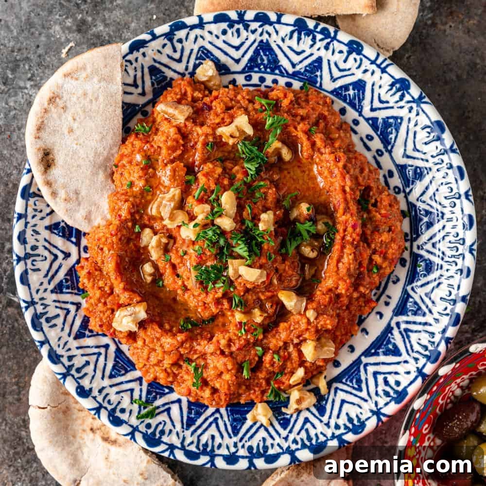 Muhammara: Mediterranean Red Pepper Walnut Dip 2 overhead: muhammara roasted red pepper dip in a blue in white bowl with sliced pita