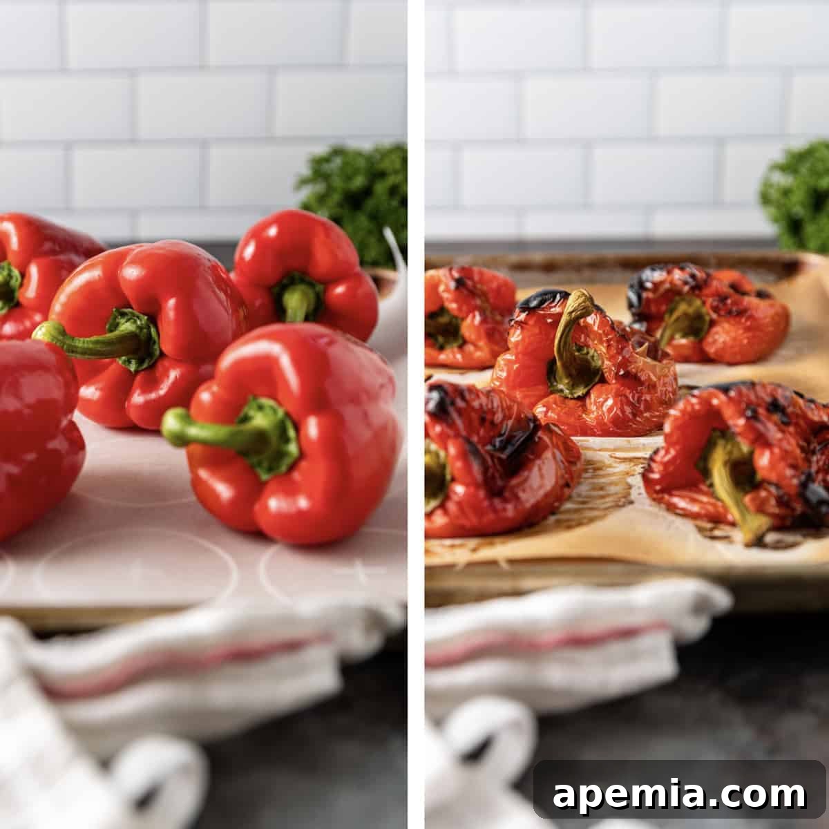 Muhammara: Mediterranean Red Pepper Walnut Dip 4 collage: roasted red bell peppers - before and after roasting