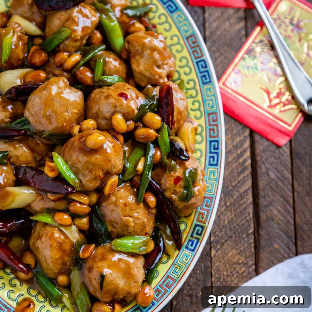 kung pao Asian chicken meatballs on Oriental style platter