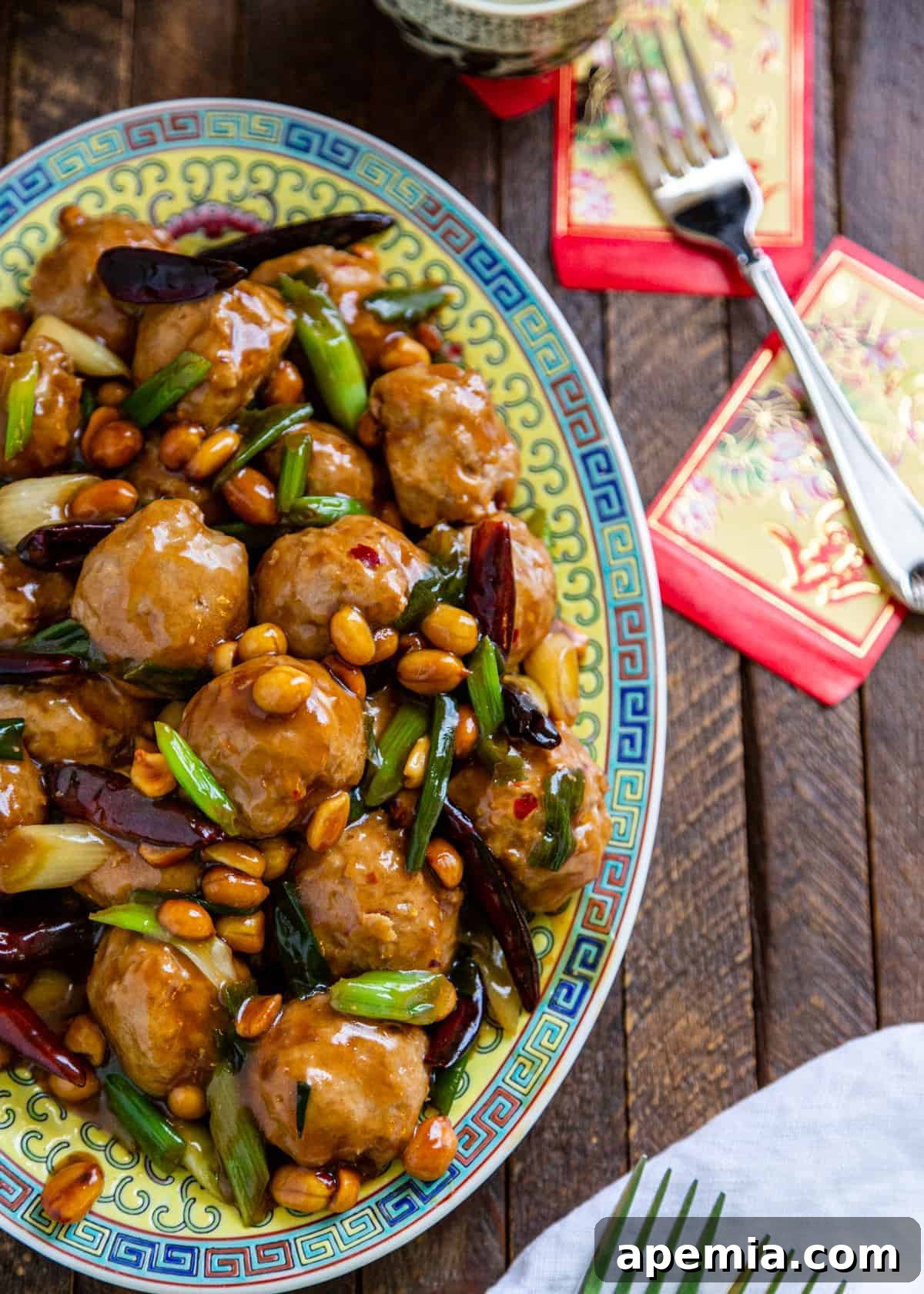overhead image: platter of spicy Chinese food made with ground chicken