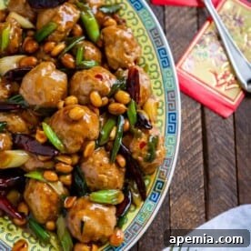 kung pao Asian chicken meatballs on Oriental style platter