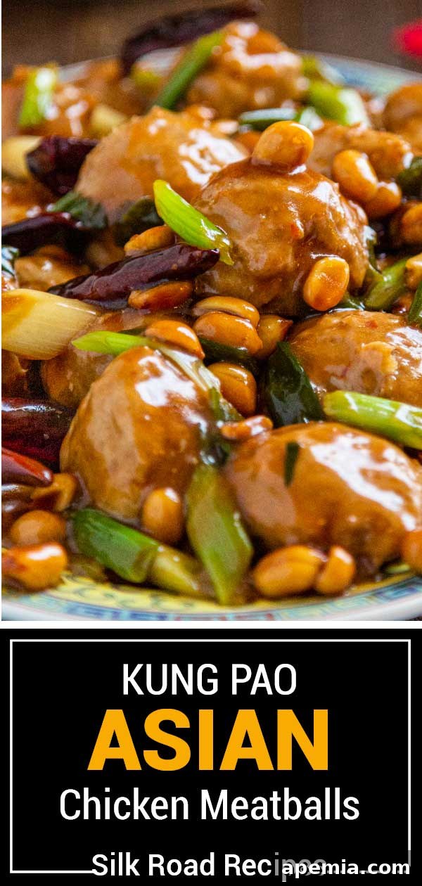 titled image shows close up of spicy Chinese meatballs in peanut sauce