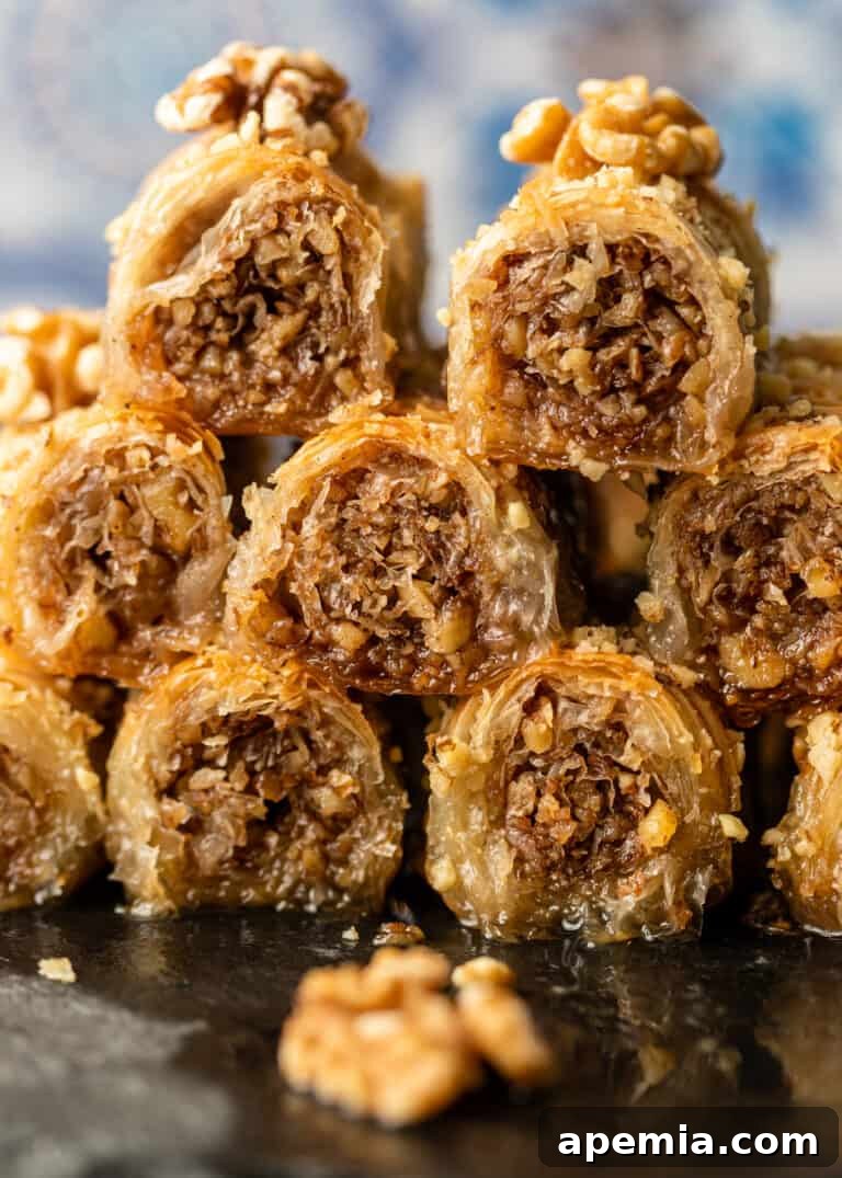 closeup: Greek baklava rolls on dessert platter, ready to be enjoyed