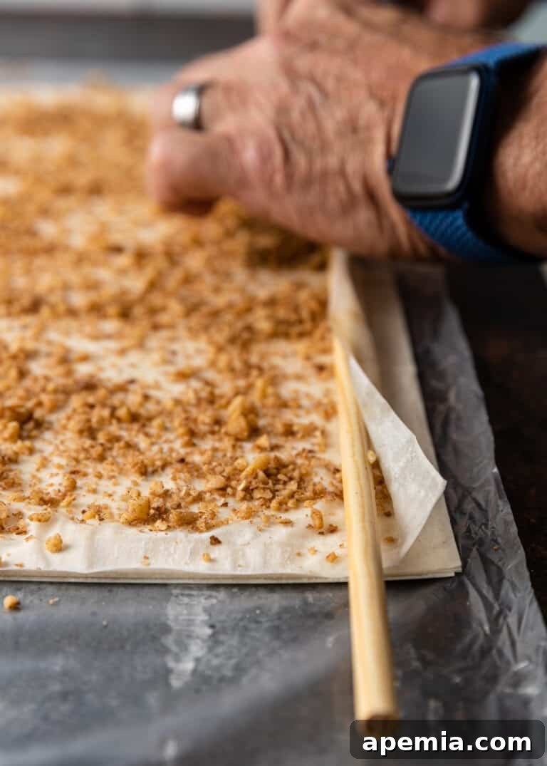 phyllo dough sprinkled with walnuts and cinnamon, creating the flavorful filling