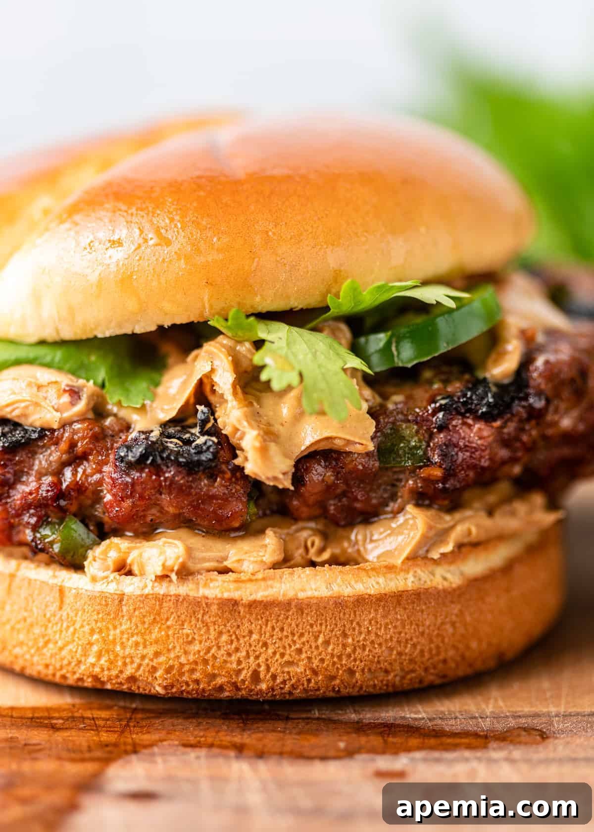 closeup: spicy peanut butter burger on brioche bun