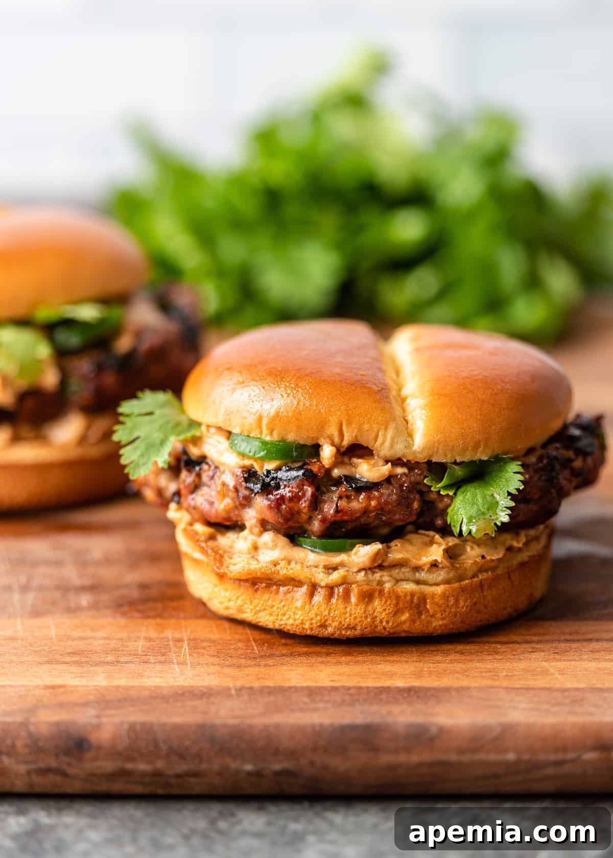 pork and beef burgers on brioche hamburger buns