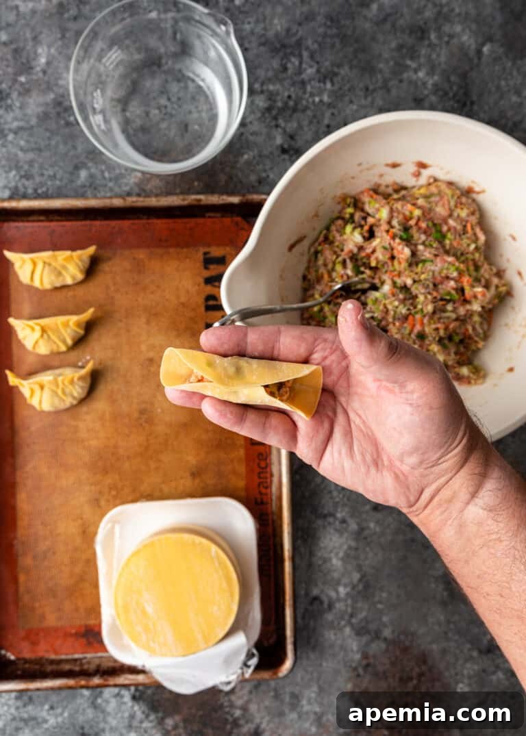overhead: shows how to pinch dumpling potsticker wrapper to close it like a taco