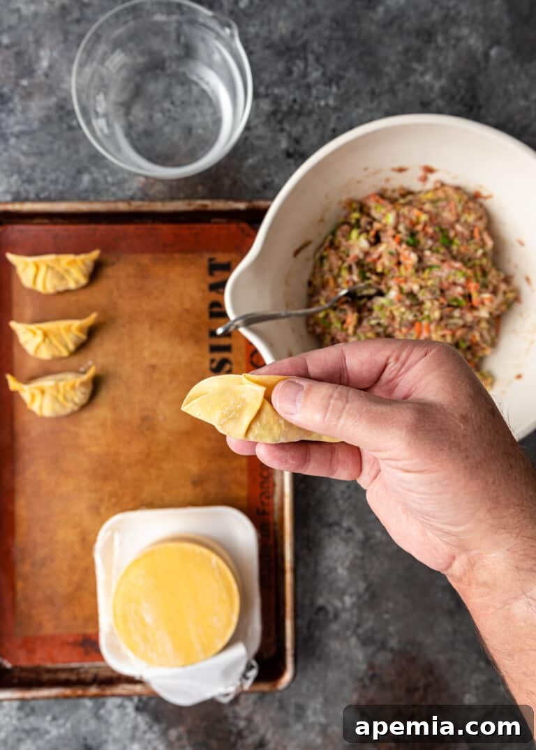overhead: demonstrating the first pleat in a pork pot sticker