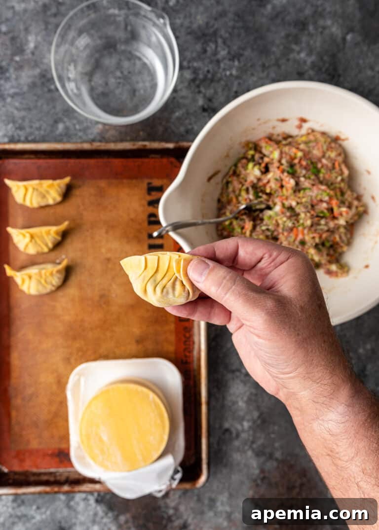 overhead: folding potstickers, showing pleats on the right side