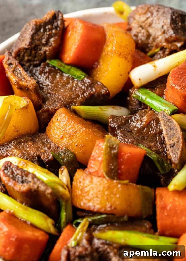 galbi jjim braised short ribs with carrots and scallions in white bowl