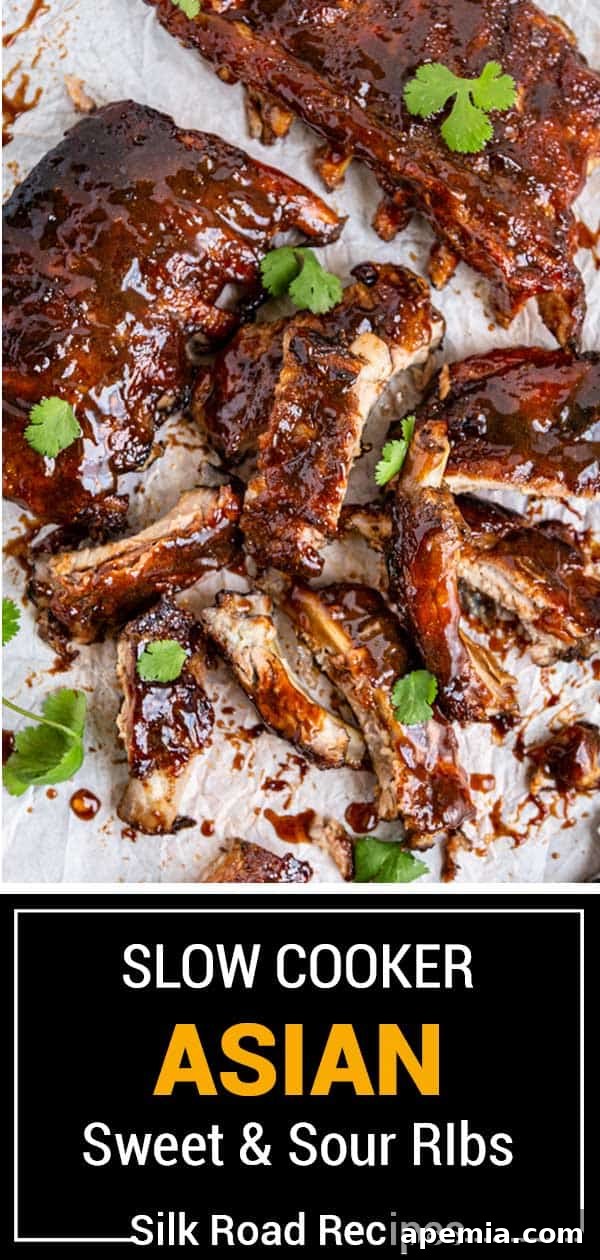 Titled image showing 'Slow Cooker Asian Sweet & Sour Ribs', a perfect visual for social sharing.