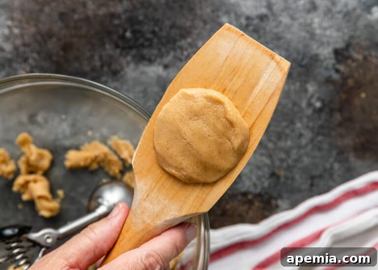 A perfectly circular, unbaked semolina cookie dough piece resting on a wooden spatula, showcasing its intricate pattern.