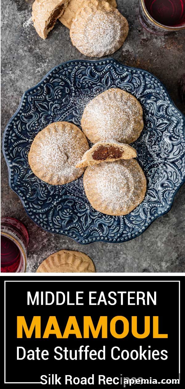 Titled image displaying Middle Eastern Maamoul date-stuffed cookies, capturing their beauty and deliciousness.