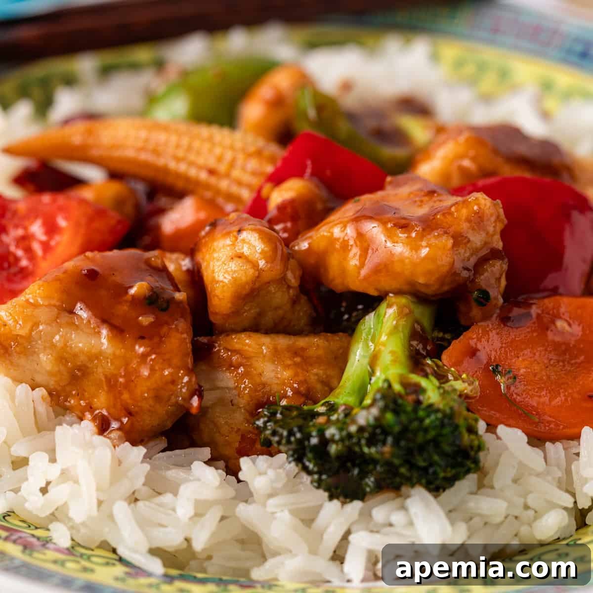 Closeup shot of Hunan Chicken served over white rice, garnished with fresh herbs