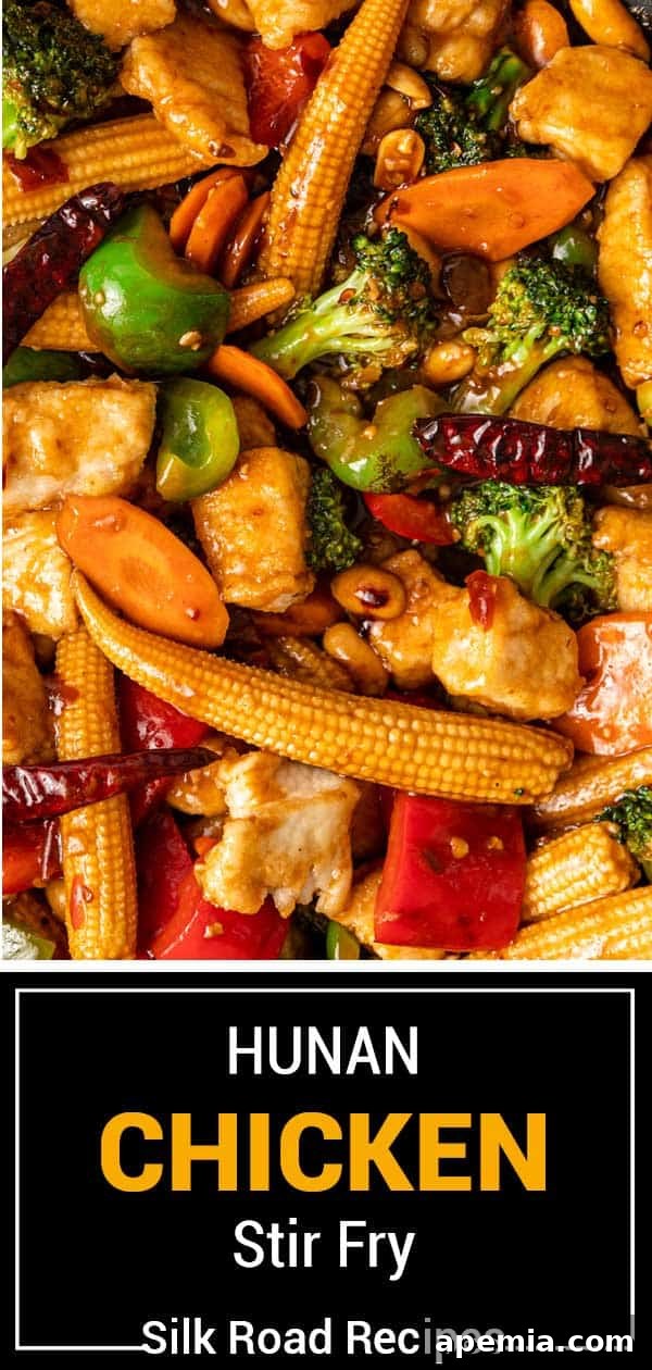 Titled image showing Hunan chicken stir-fry, a vibrant and spicy Chinese dish