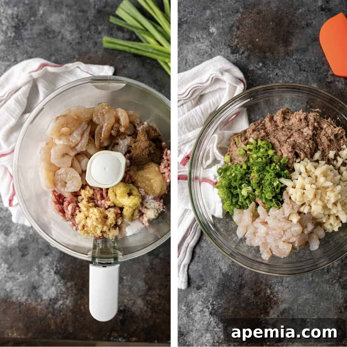 side by side photos of ingredients in a food processor and a glass bowl to make shumai recipe
