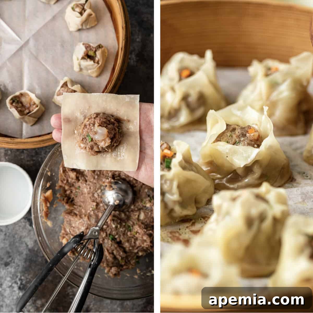 side by side photos: adding filling to dumpling wrappers and filled dumplings in bamboo steamer