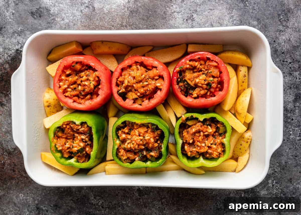 Overhead view of stuffed vegetables in a casserole dish, before baking