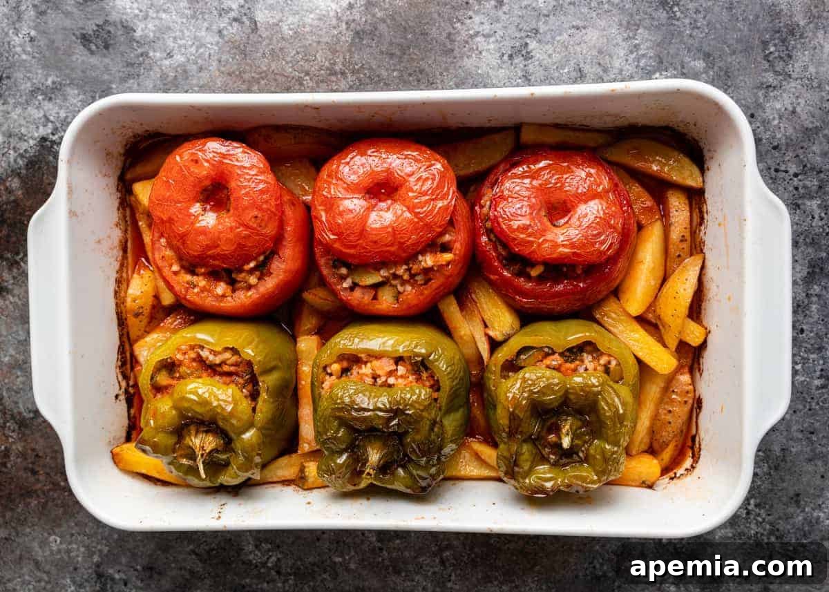 Overhead image of Gemista (Greek stuffed peppers and tomatoes) fresh out of the oven