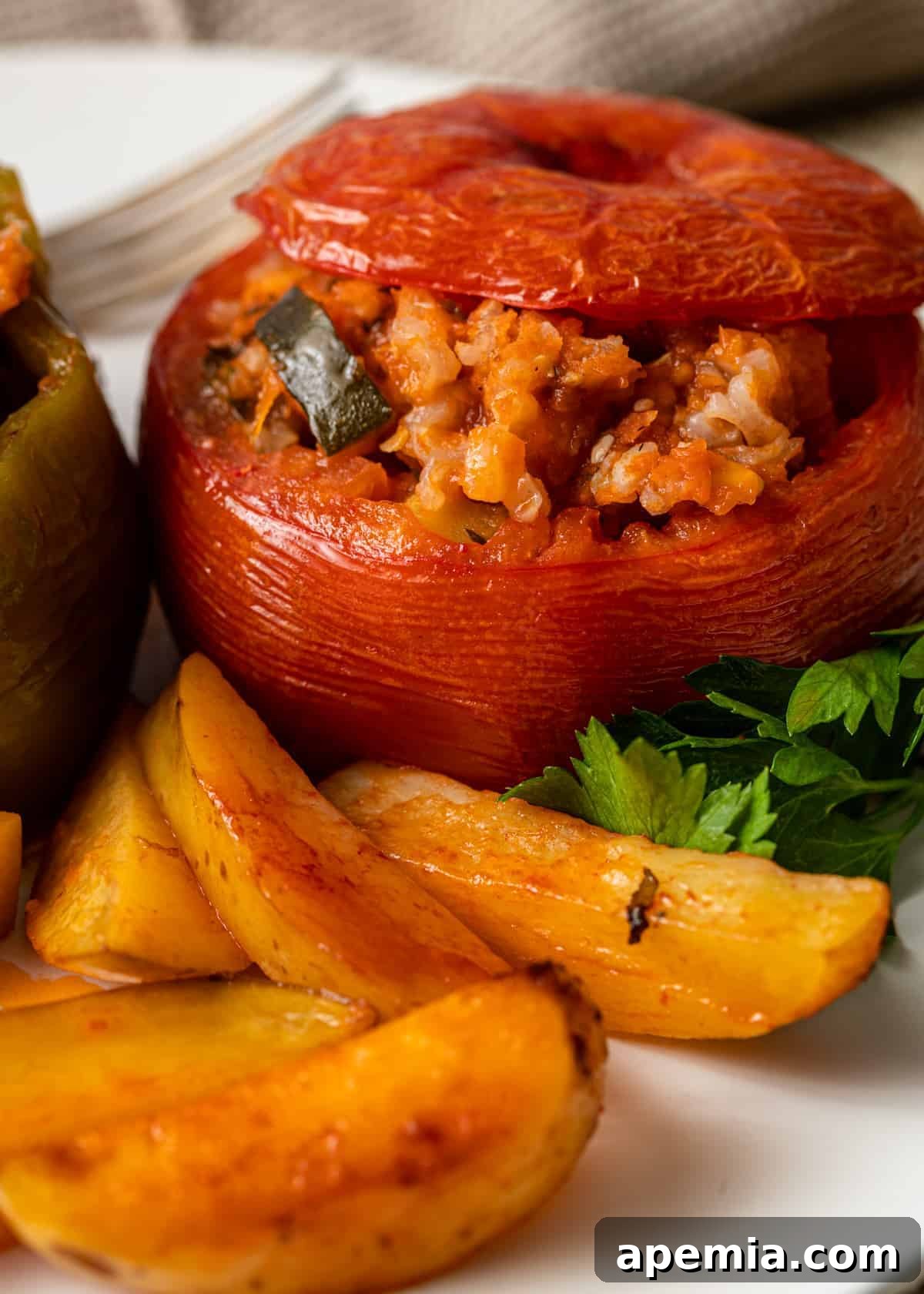 Close-up of Greek stuffed tomatoes, showcasing the rich filling