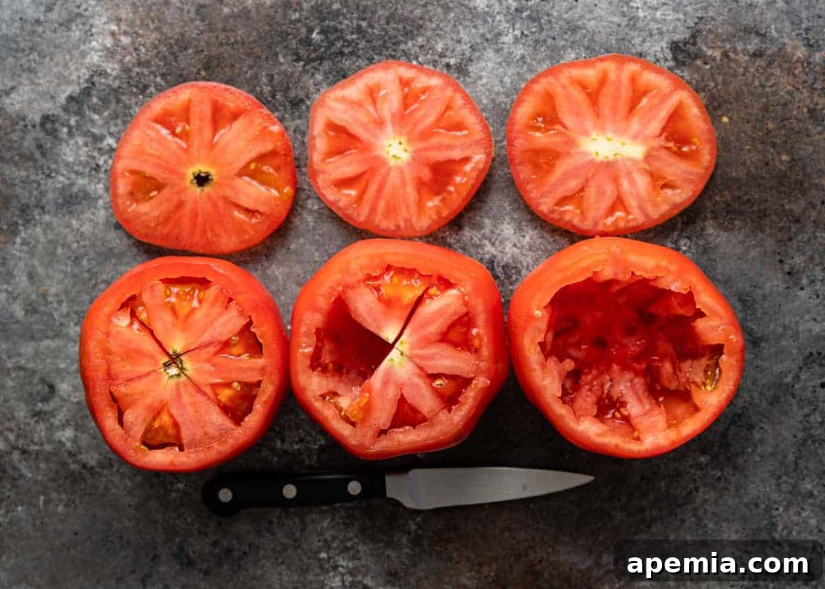Overhead view of 3 large red tomatoes with insides removed, ready for stuffing