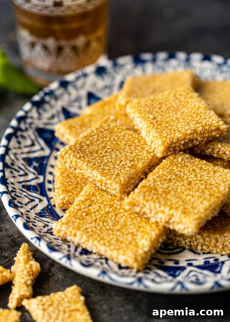soft sesame bars on blue and white dessert plate