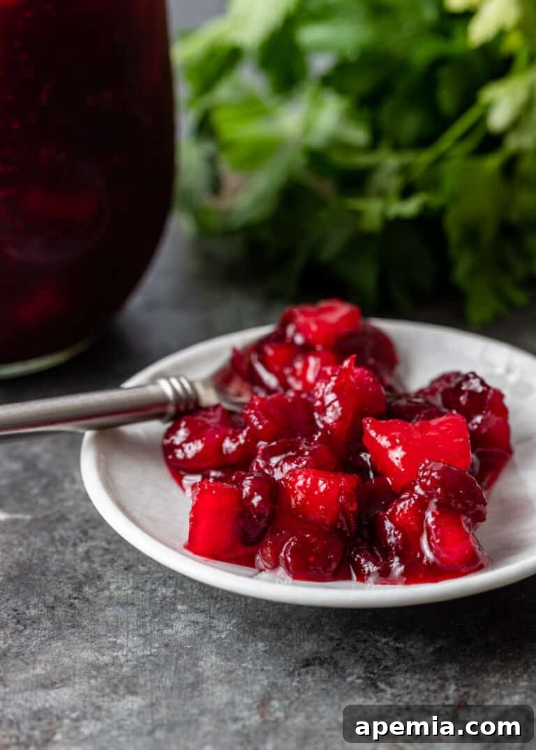 cranberry apple chutney in white dish with spoon, ready to serve